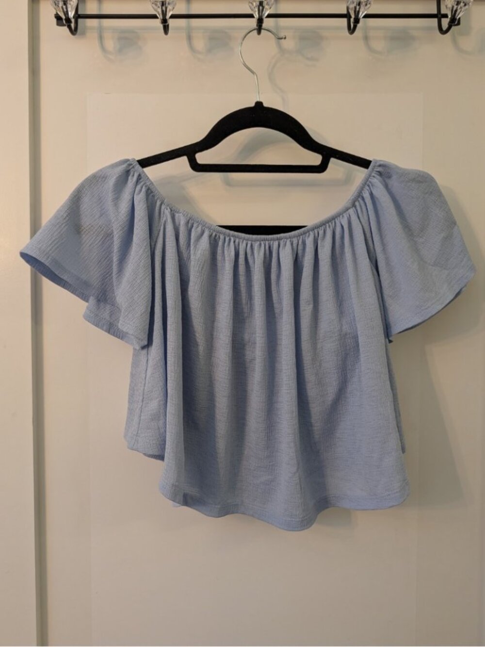 Bershka Light Blue Off the Shoulder Flutter Sleeve Crinkle Crop Top S